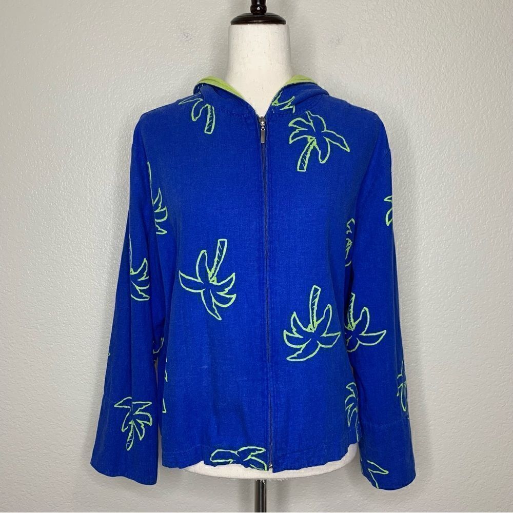 Erin London Linen Blend Vintage Blue Palm Trees Zip Up Hoodie Jacket, Sz Large